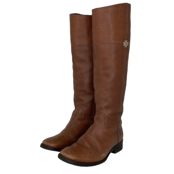Tory Burch Boots Jolie Women's 6 Rustic Brown Pebbled Leather Heeled Knee - Picture 1 of 16